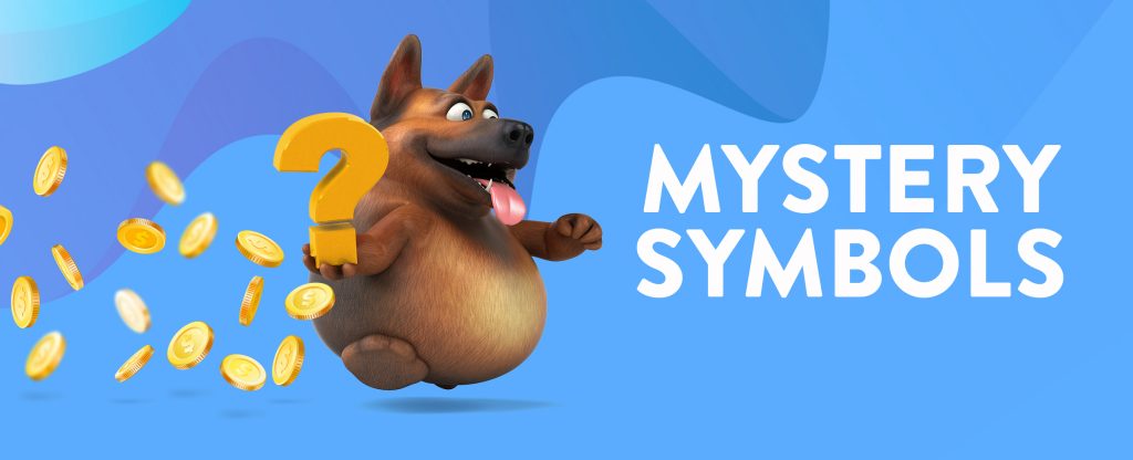 A 3D-animated character of a dog is bounding into the image holding up a gold question mark in one hand, leaving a trail of gold coins behind it. To the right are the words “Mystery Symbols” in white.