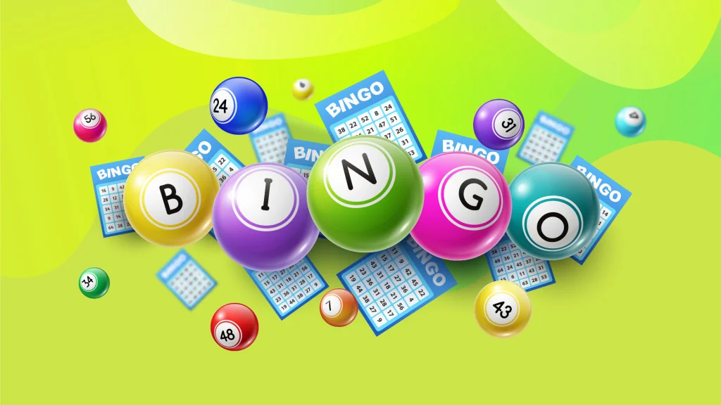 Colored bingo balls spell out bingo, set against a lime green background.