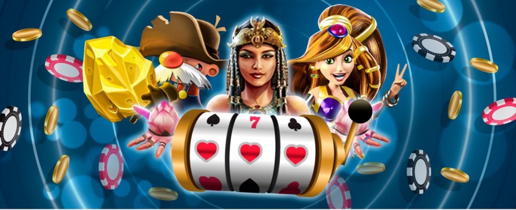 Slots characters Gus, Cleo and Mermaid appear behind slots wheels and a blue background