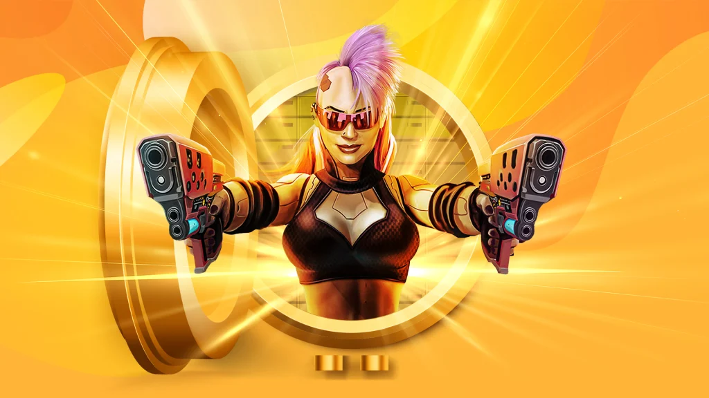 A 3D cyborg with pink mohawk is popping out of a bank vault, with laser guns in her hands.