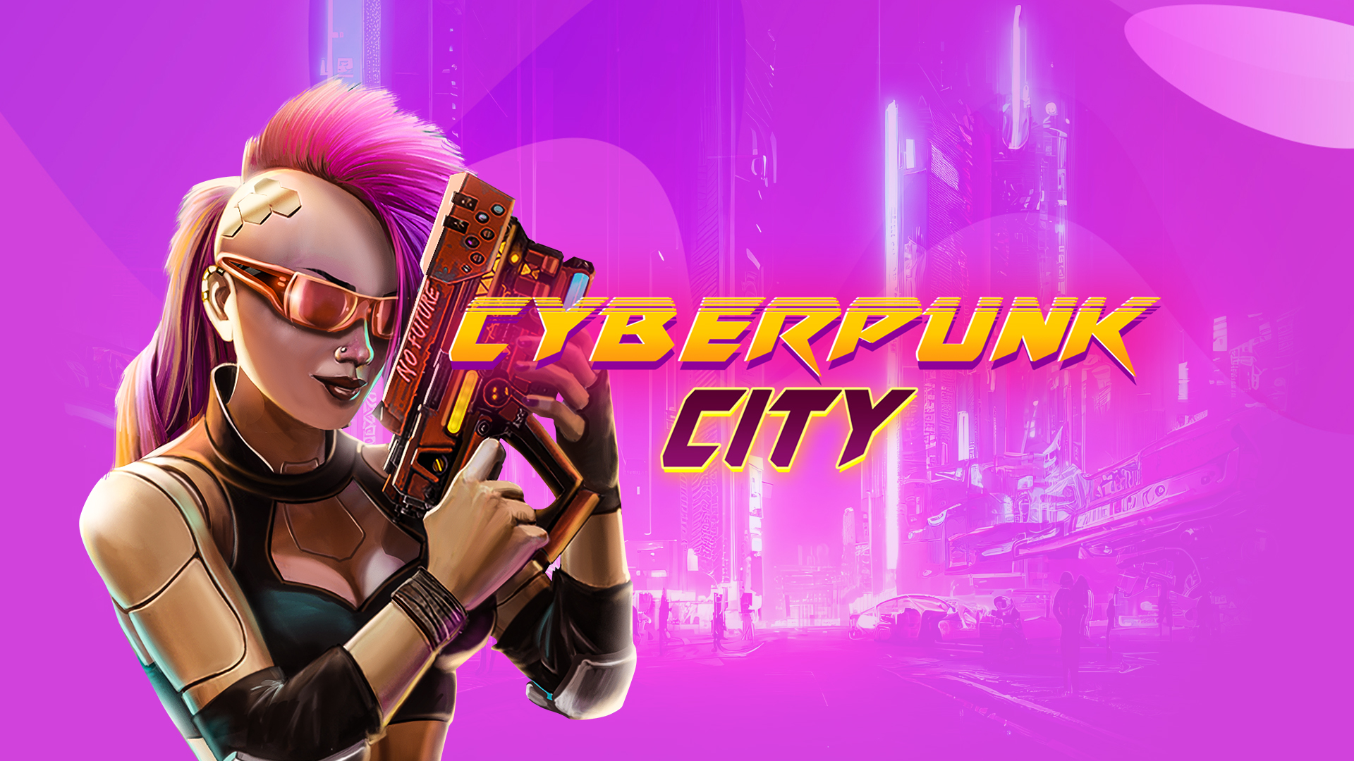 A cyborg with pink hair and a laser gun, who is also the main character from the SlotsLV slots game, Cyberpunk City.