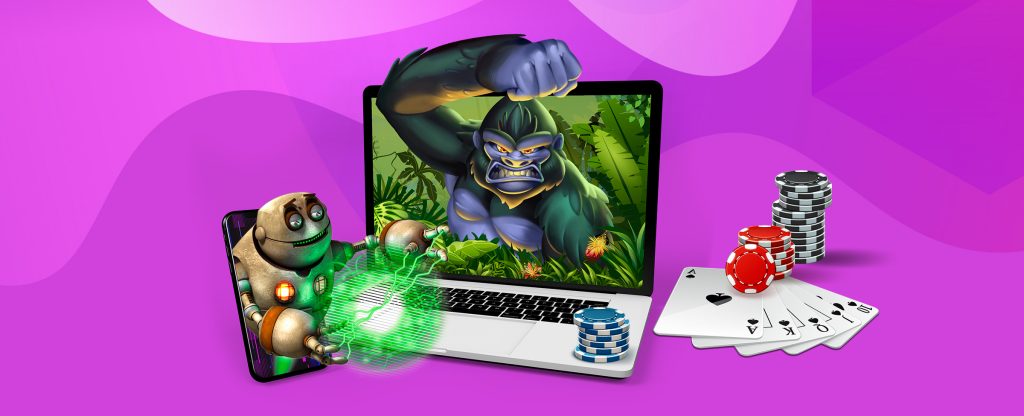 SlotsLV game characters appear on a laptop screen along with poker chips and casino cards.