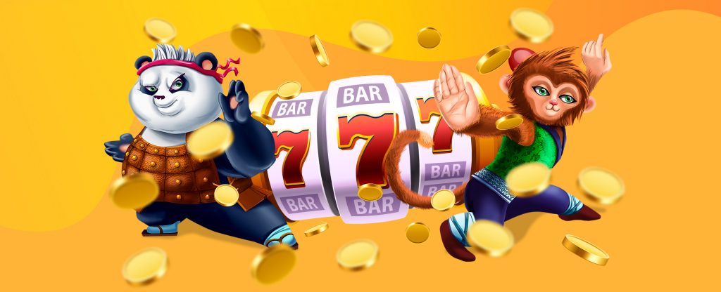 A panda in martial arts attire and a monkey in a green and blue outfit, strike fighting poses in front of a large slot machine showing the number 7 on each reel. Gold coins are scattered in the air against a bright orange background. The panda wears a headband, and both characters appear ready for action, adding a dynamic and playful feel to the scene.