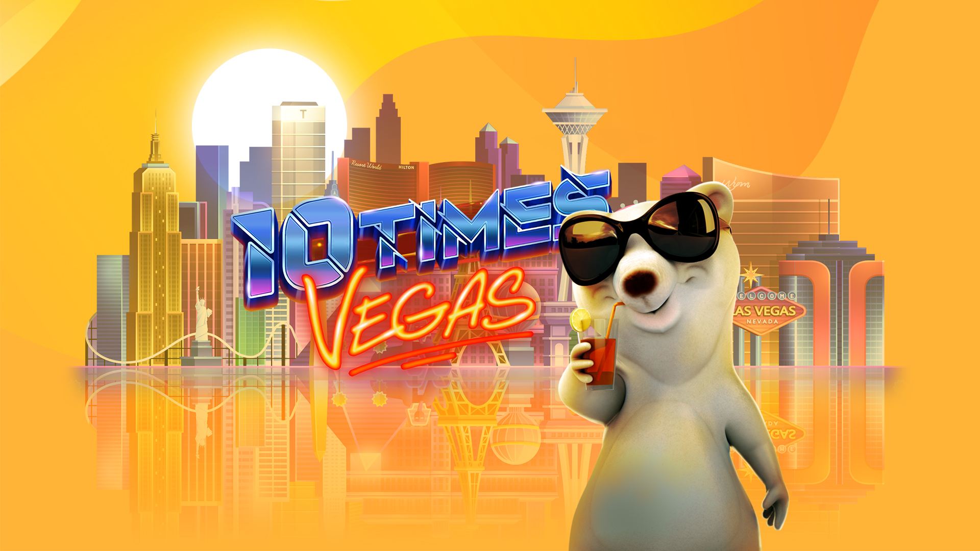 The logo from 10 Times Vegas at Slots.lv is overlaid on a Vegas skyline, with a 3D cartoon polar bear holding a cocktail drink in front.