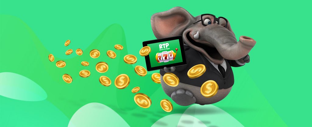 A cartoon elephant in a suit runs with gold coins flying behind him, holding a tablet displaying 'RTP' and a slot machine interface, set against a green background.