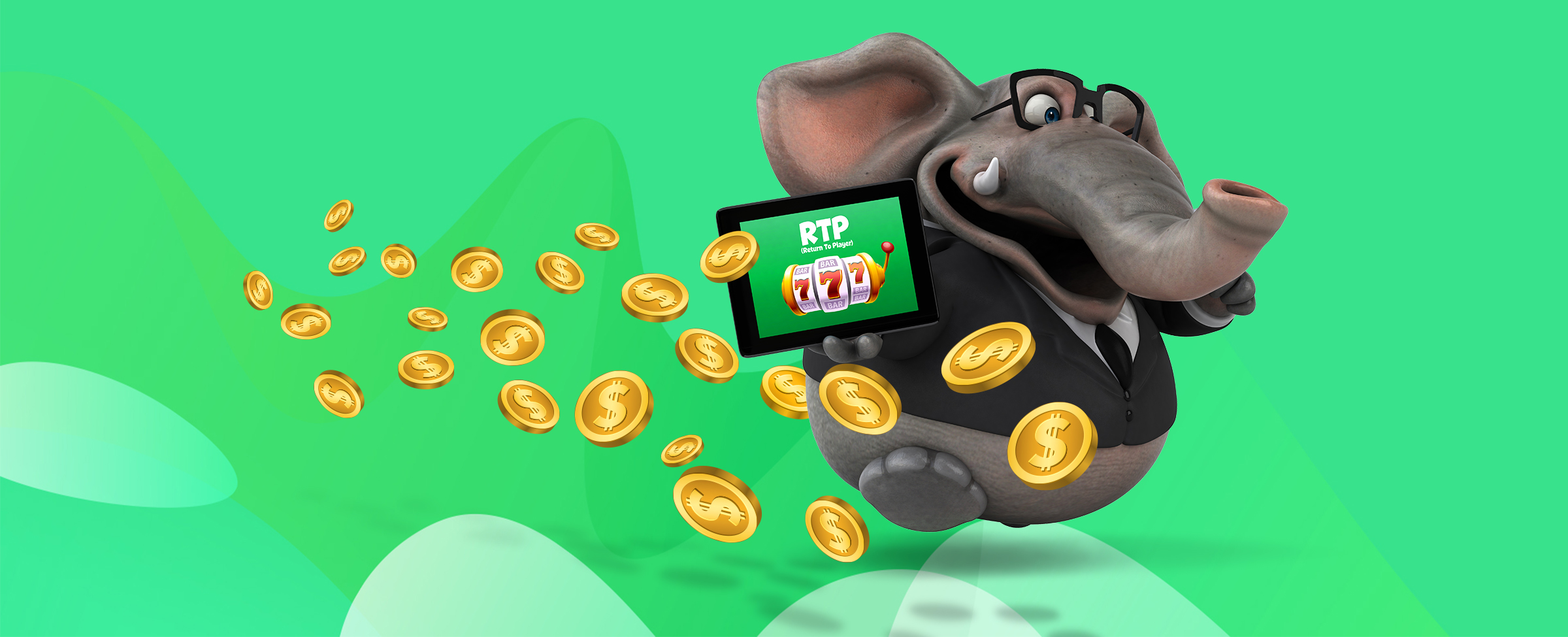 A cartoon elephant in a suit runs with gold coins flying behind him, holding a tablet displaying 'RTP' and a slot machine interface, set against a green background.