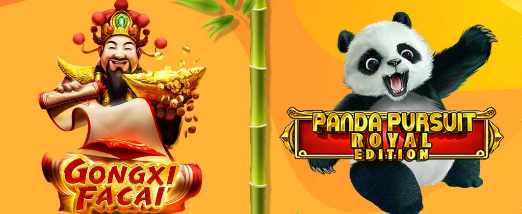 Dua logo permainan slot dari SlotsLV ditampilkan di tengah gambar, termasuk Gongxi Facai dan Panda Pursuit Royal Edition, dibagi dengan rebung hijau.