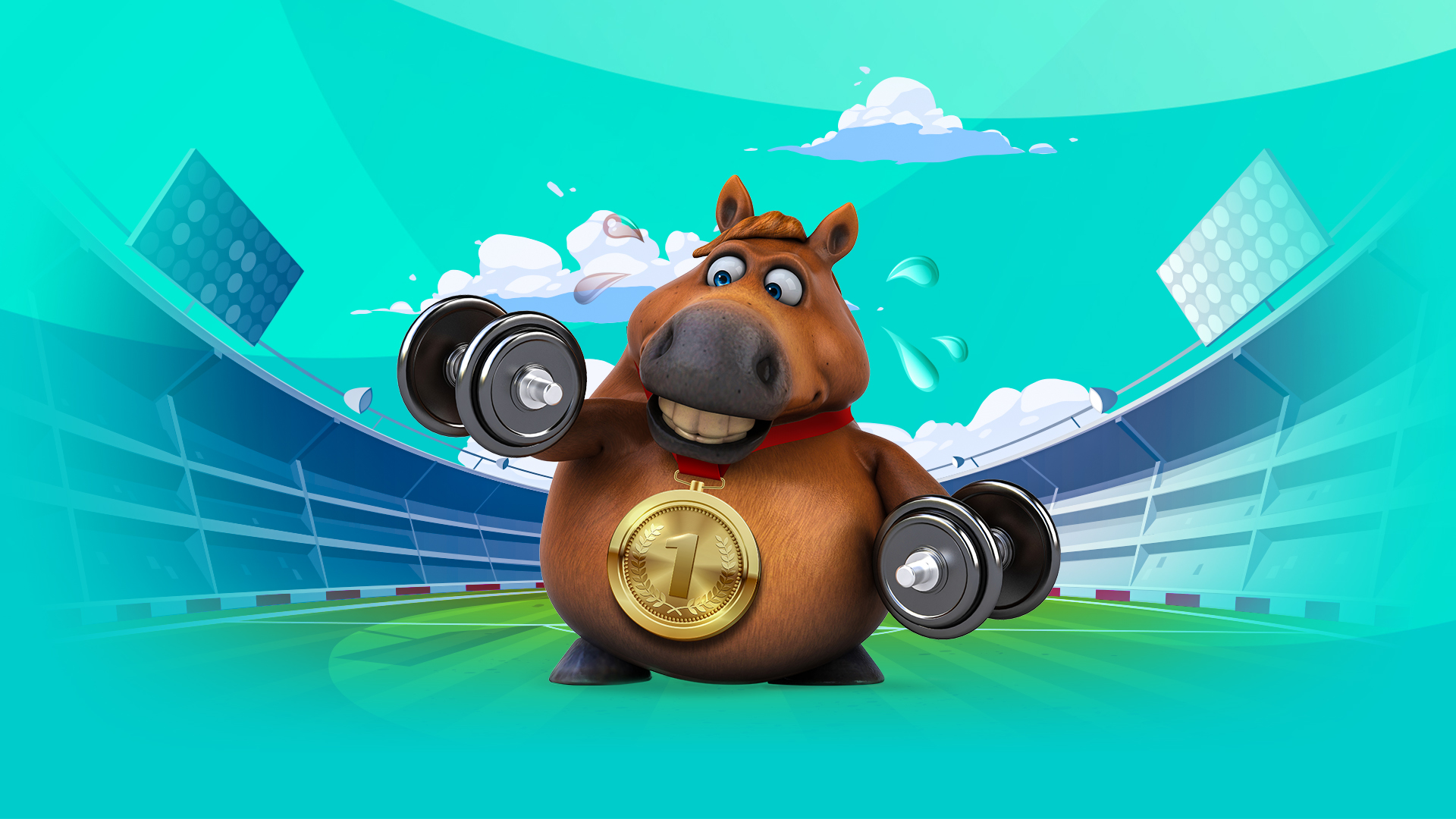 A 3D cartoon horse stands inside an Olympic stadium; he holds two dumbbells, one in each hand, and wears a gold medal around his neck.