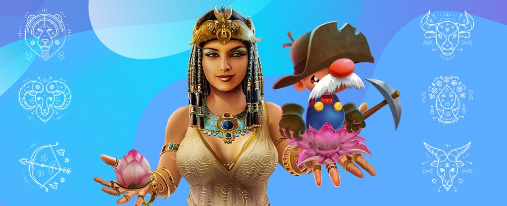 A cartoon representation of Cleopatra from the SlotsLV slot game “A Night With Cleo” is featured in the middle, holding up a flower in one hand, and a shrunken version of the character Gus, from the SlotsLV slot game “Gold Rush Gus”, while in the background, various horoscope symbols are shown.
