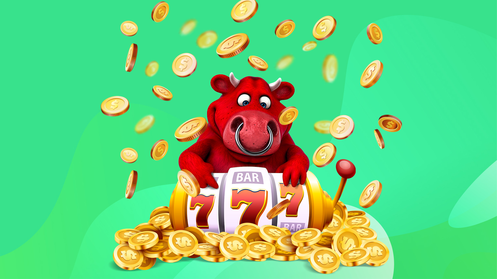 A red bull with a ring through its nose stands behind a slots reel featuring three red 7s, and a pile gold coins surround it, as coins cascade down around him.
