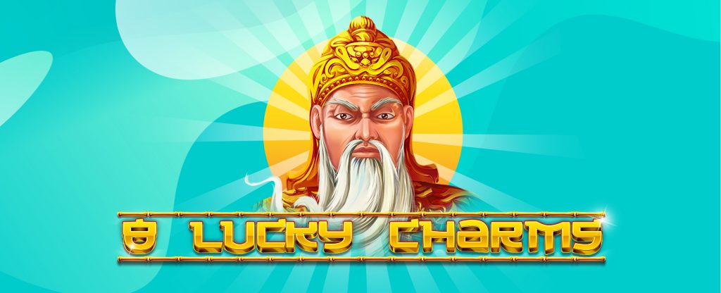The 8 Lucky Charms slot logo displayed in golden bamboo-style lettering, with a wise Chinese emperor wearing a golden crown and long white beard, illuminated by sun rays on a blue-green background.