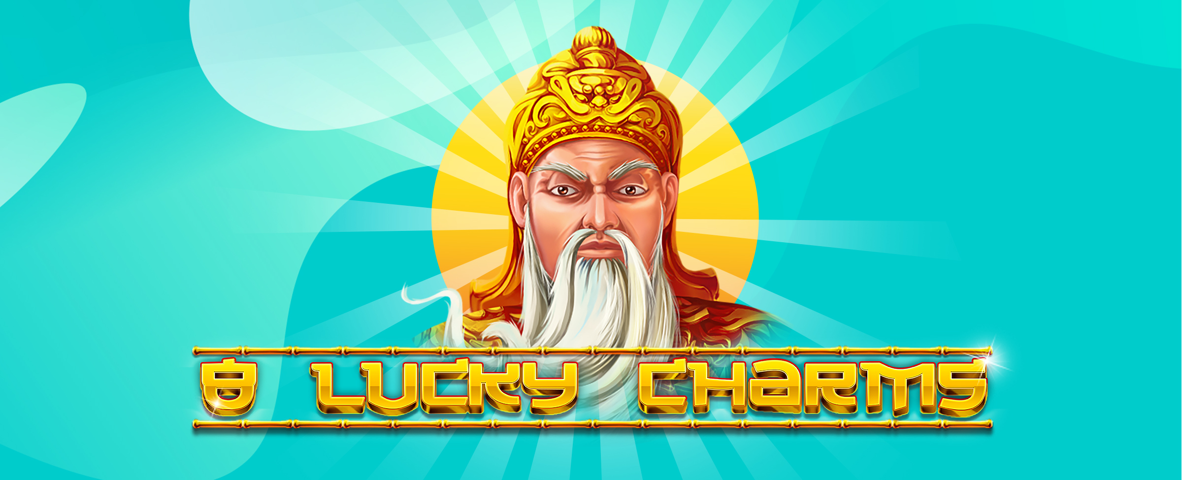 The 8 Lucky Charms slot logo displayed in golden bamboo-style lettering, with a wise Chinese emperor wearing a golden crown and long white beard, illuminated by sun rays on a blue-green background.