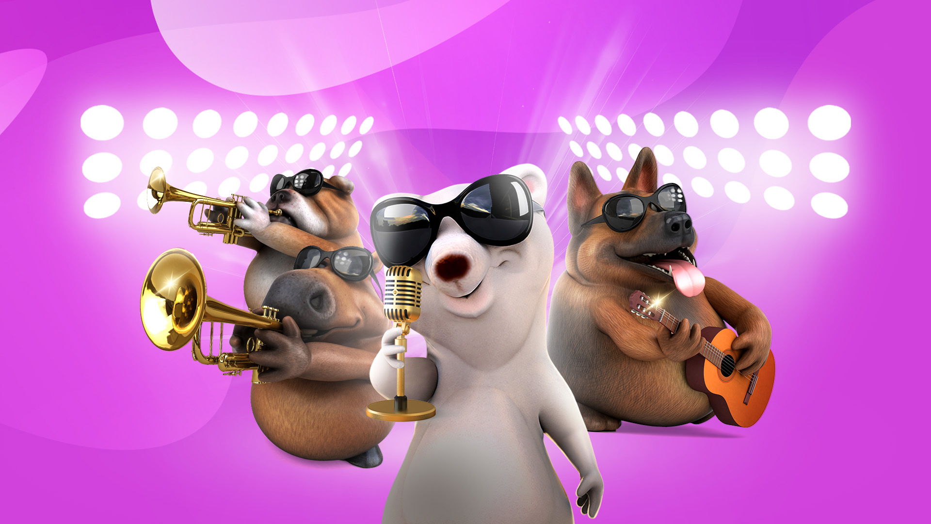 3D cartoon animals, from SlotsLV slots games, stand holding musical instruments on a pink background.