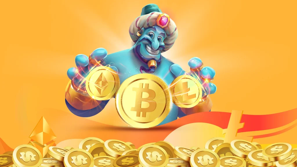 A 3D blue genie holds three gold crypto coins in his hands, featuring Bitcoin, Ethereum and Litecoin logos, as he floats above a pile of SlotsLV Welcome Bonus coins.
