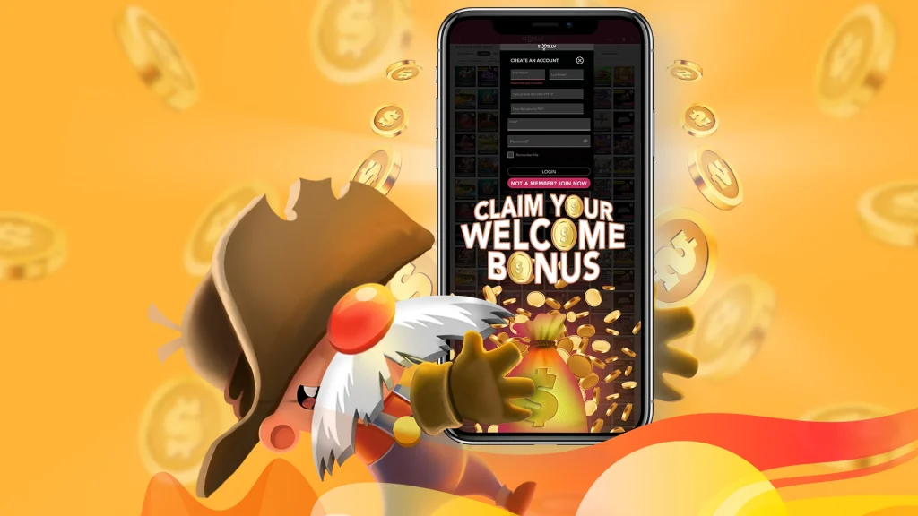 SlotsLV slots game character Gold Rush Gus holds a mobile phone which features "Claim Your Welcome Bonus" and a SlotsLV join now page, with gold coins spilling out from the screen, set on a yellow background.