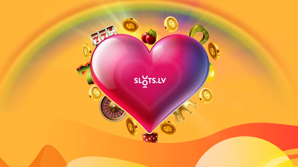 A pink heart floating with SlotsLV embossed in the cneter while coins, slot machines, roulette wheels, coins, cherries, and game symbols line it. A rainbow floats above, set on a yellow background.