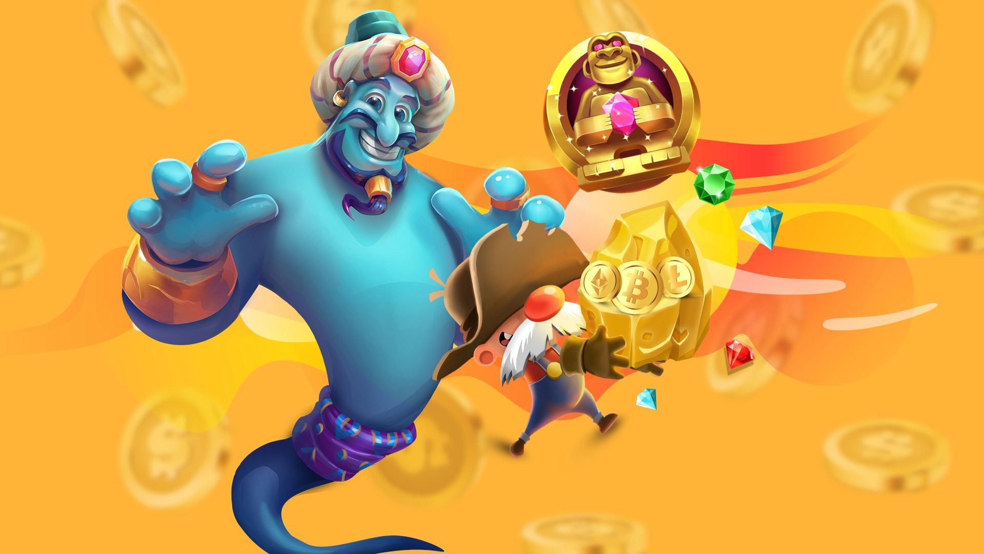 Characters from SlotsLV slots games, such as a blue genie and Gold Rush Gus, stand in front of a yellow background with swirling gold coins.