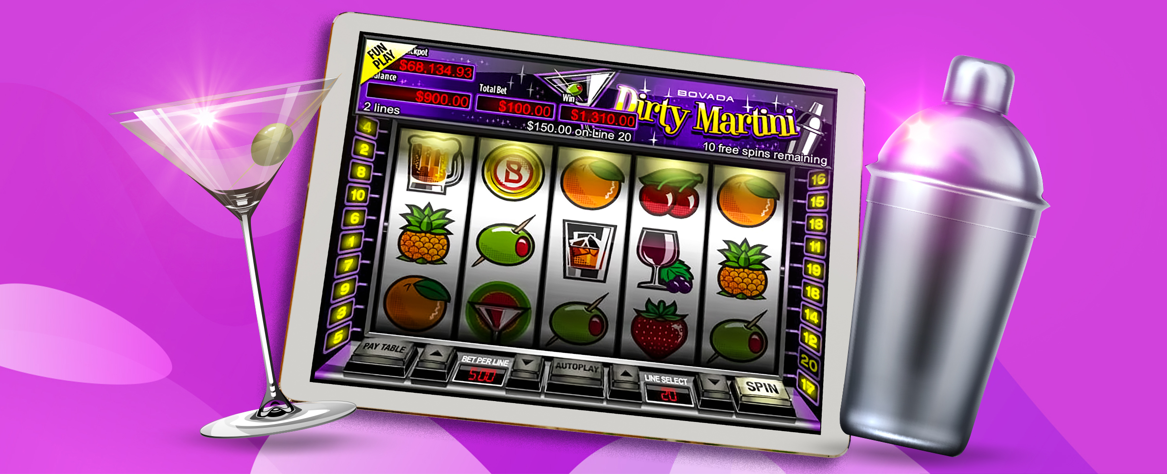 Grab an olive and settle in for your very own Dirty Martini slot game! This slot channels all the visual thrills of yesteryear. Are you game?