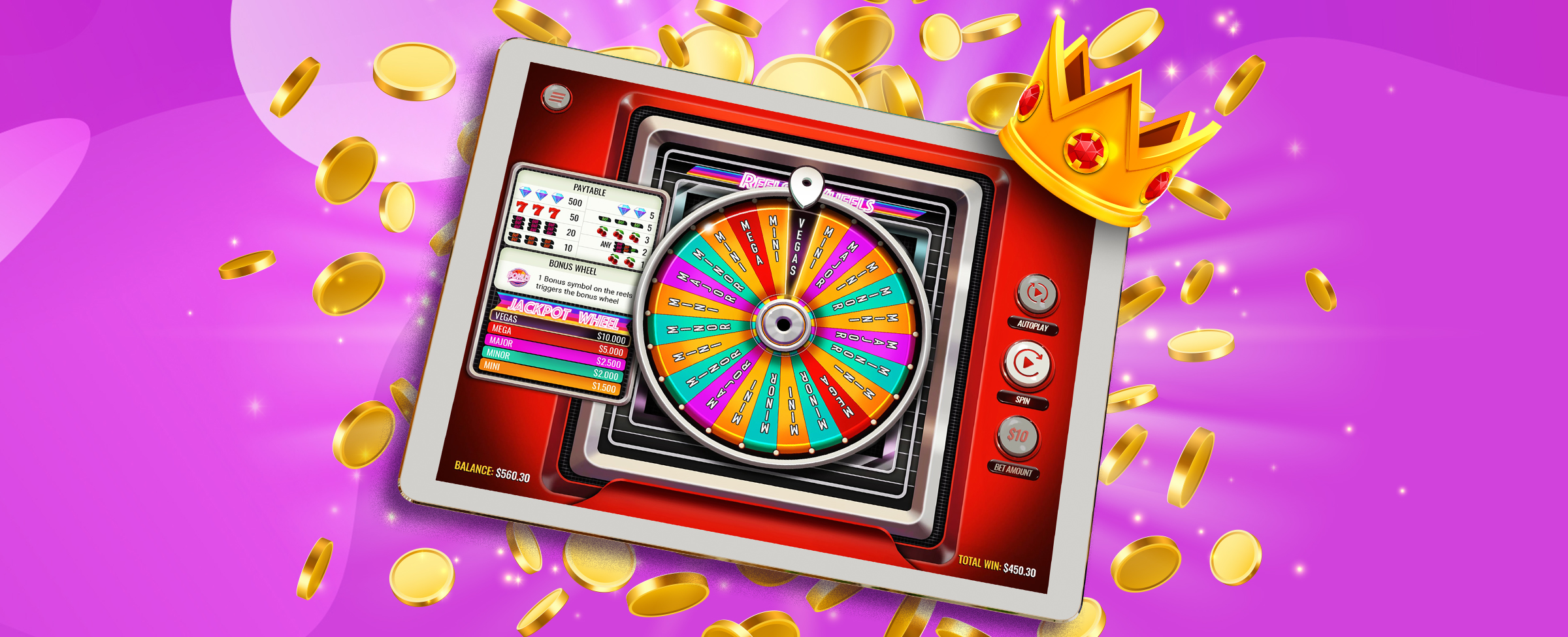 Reels and Wheels is one of the coolest slot games online, and we have it right here for your playing pleasure at SlotsLV. Give it a try!