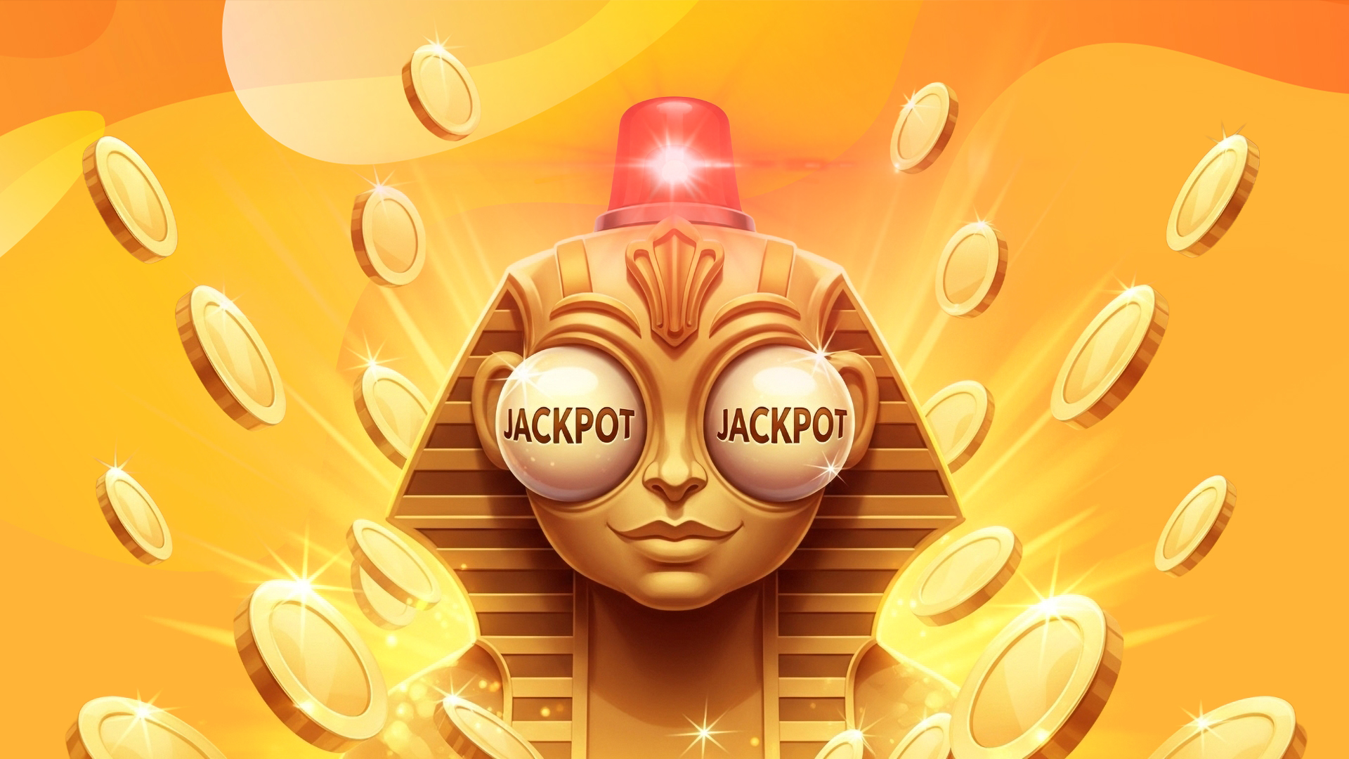 A Pharaoh’s head has bulging eyes that say “JACKPOT” with a red siren on its head. Gold coins fly around it on a gold background.
