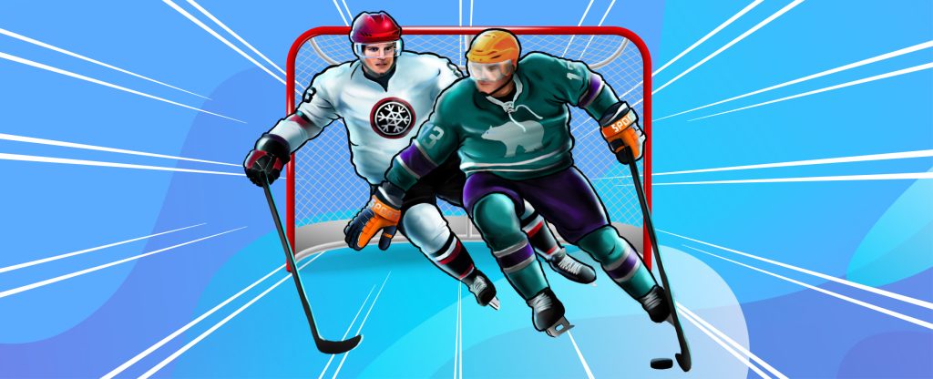 Two illustrated hockey players from the SlotsLV slot game, Hockey Enforcers, are depicted in full skating gear. Behind them is a red hockey net with a red frame and white net, and shooting from it are illustrated rays of light coming towards the screen, set against a blue abstract background.