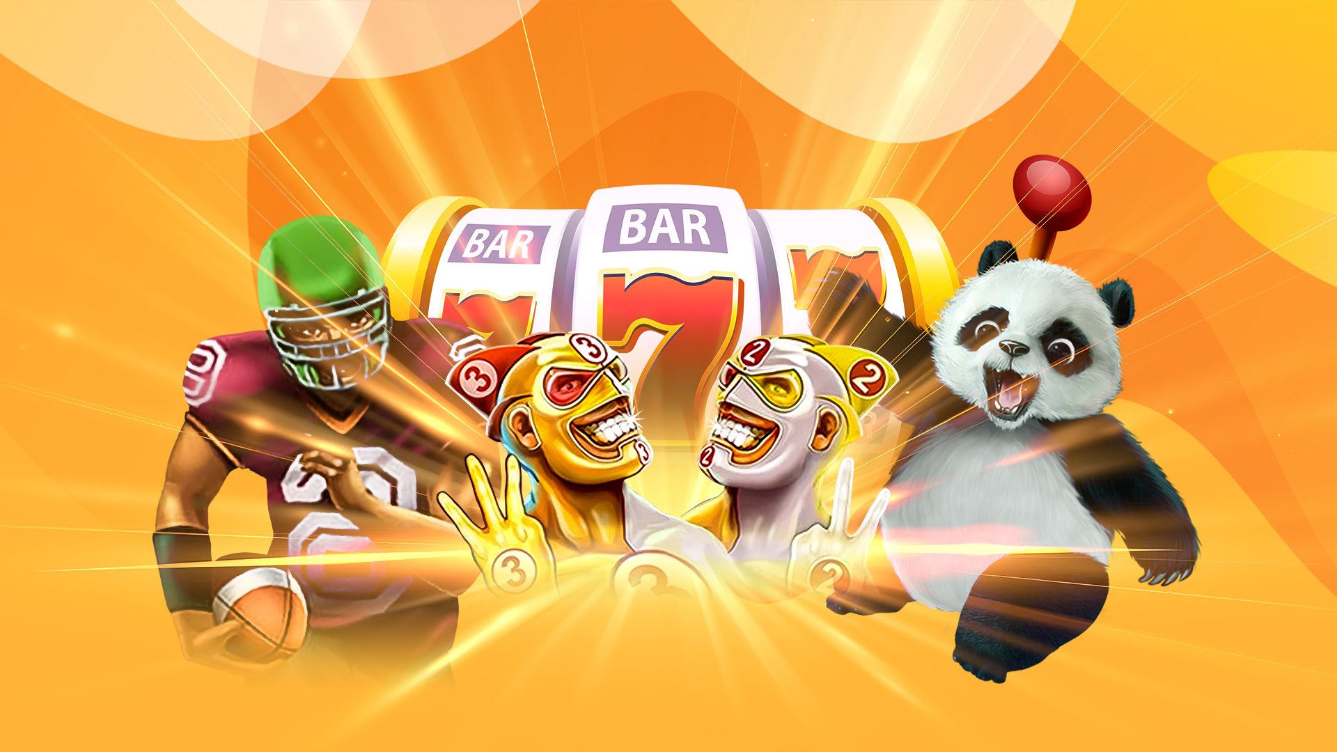 A slot machine reel with characters from SlotsLV slots games in front, on a yellow background.