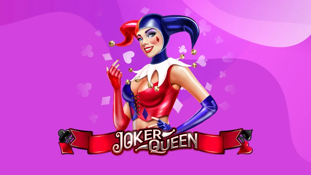 A cartoon female joker from Joker Queen slots game sits in front of a banner sign with the game logo, against a purple background.