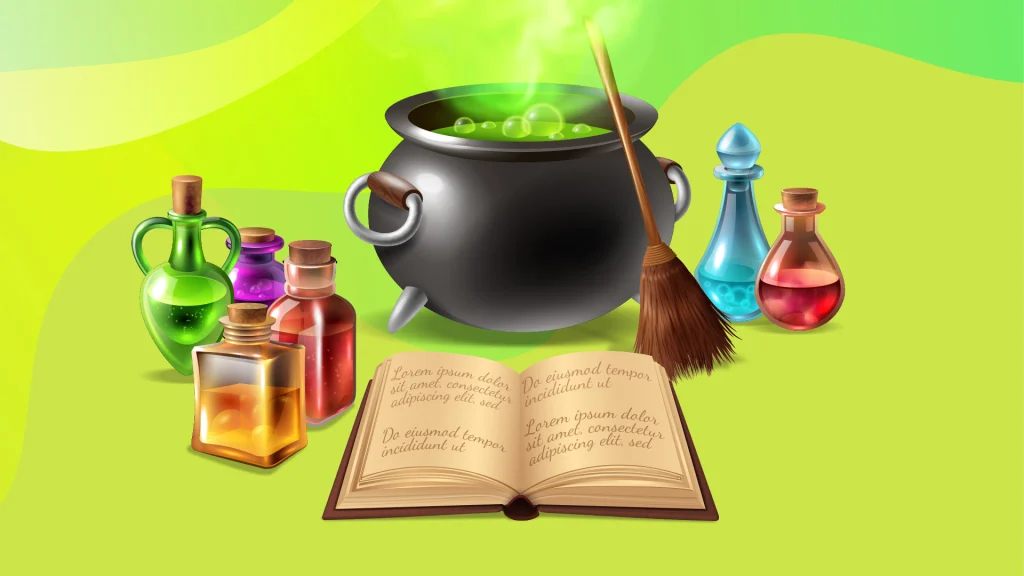 A witches cauldron surrounded by potion bottles and a book, set against a green background.
