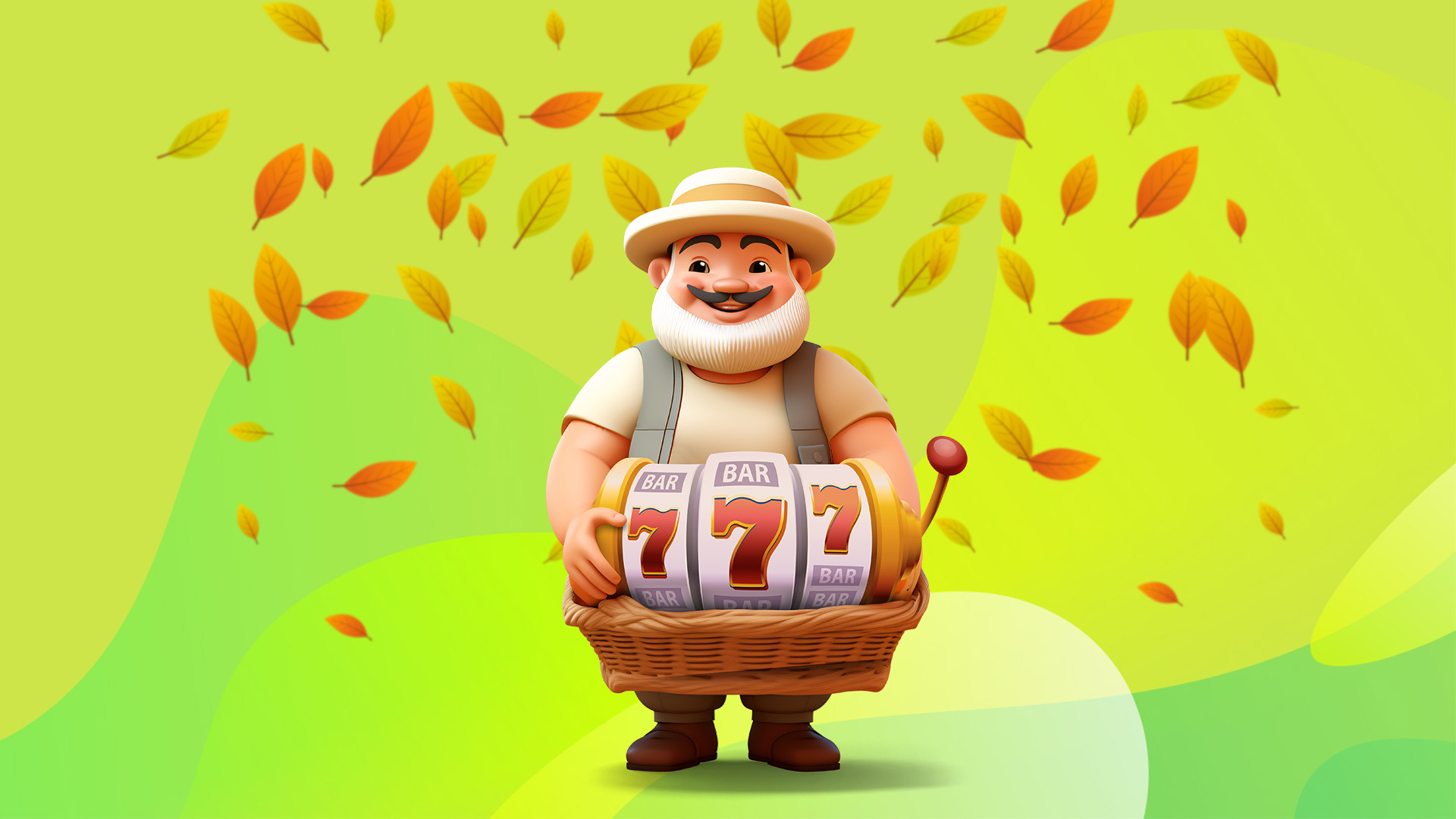 Cartoon man holds an old school slot machine in a wicker basket, surrounded by leaves, against a green background.