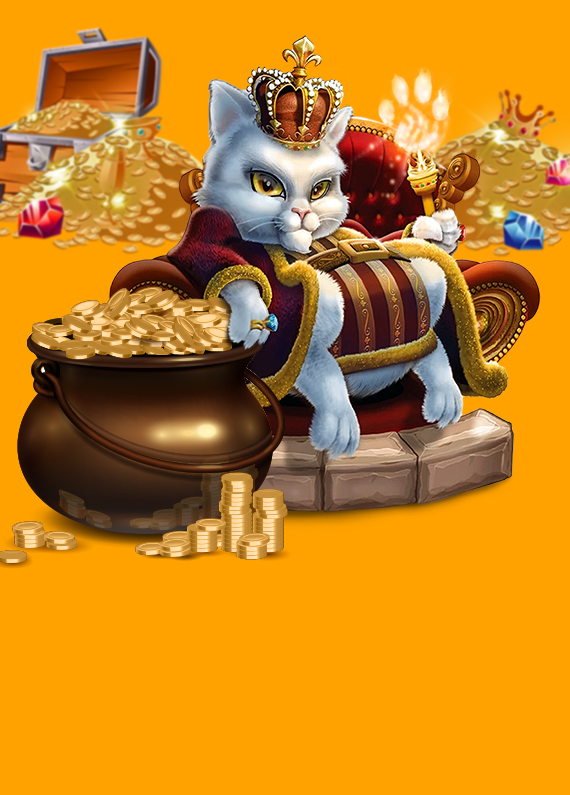 SlotsLV’s King Cat sitting on his throne with a pot of gold coins next to him