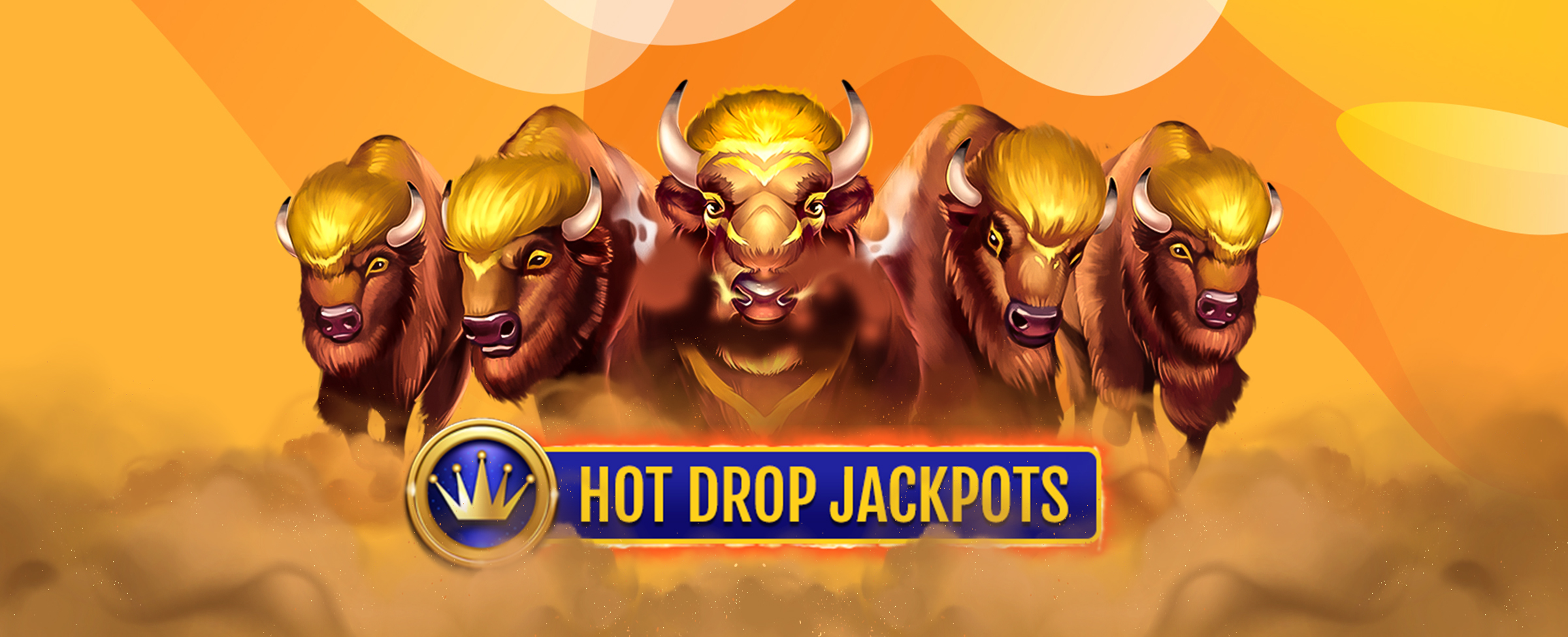 Golden Buffalo charging forward in the dessert, behind the Hot Drop Jackpots logo.