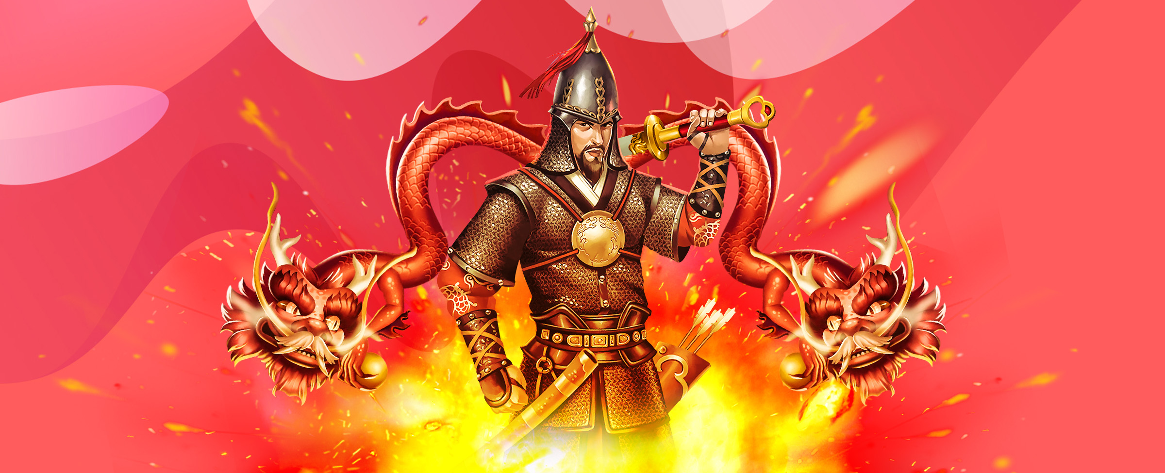 Ming Legend slot game character standing in front of a fire-breathing dragon.