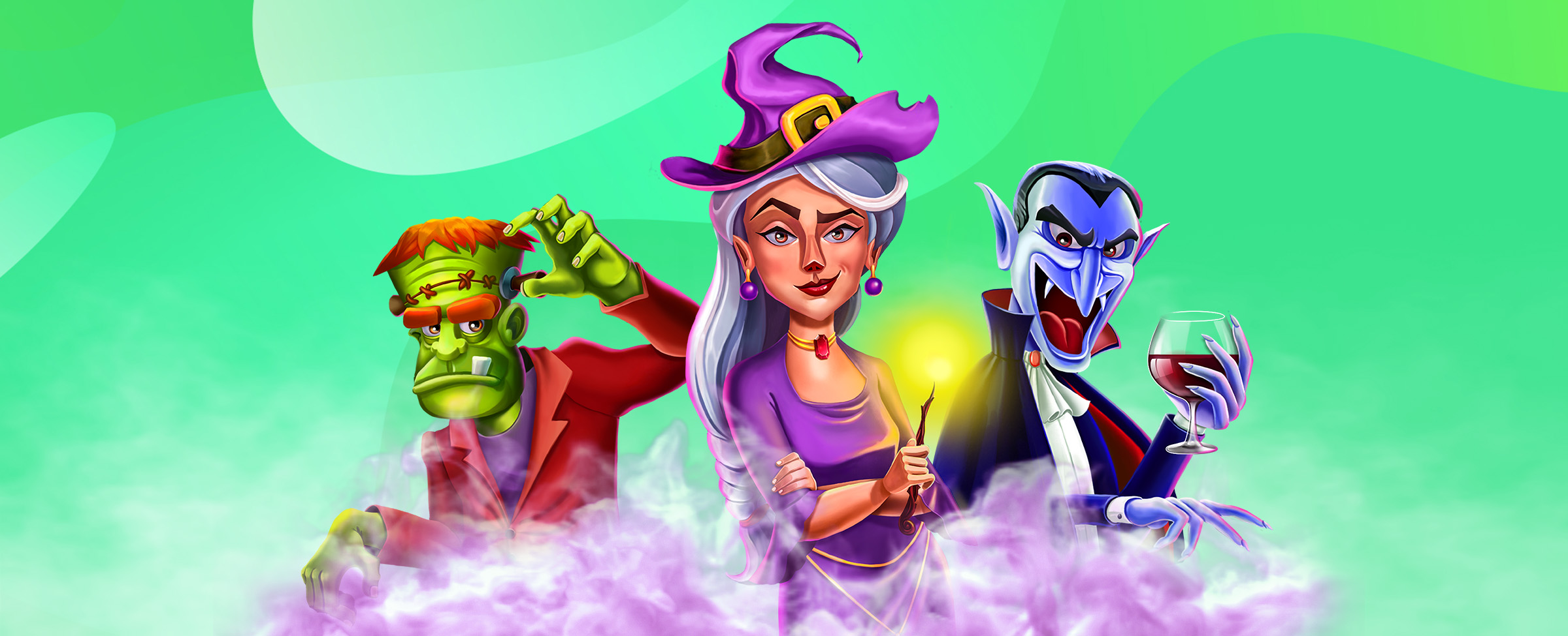 Cartoon game characters from the Monster Manor slot at SlotsLV standing in a puff of smoke, featuring a witch, frankenstein and dracula