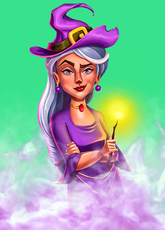 A witch dressed in purple standing in a cloud of smoke from the Monster Manor Slot at SlotsLV