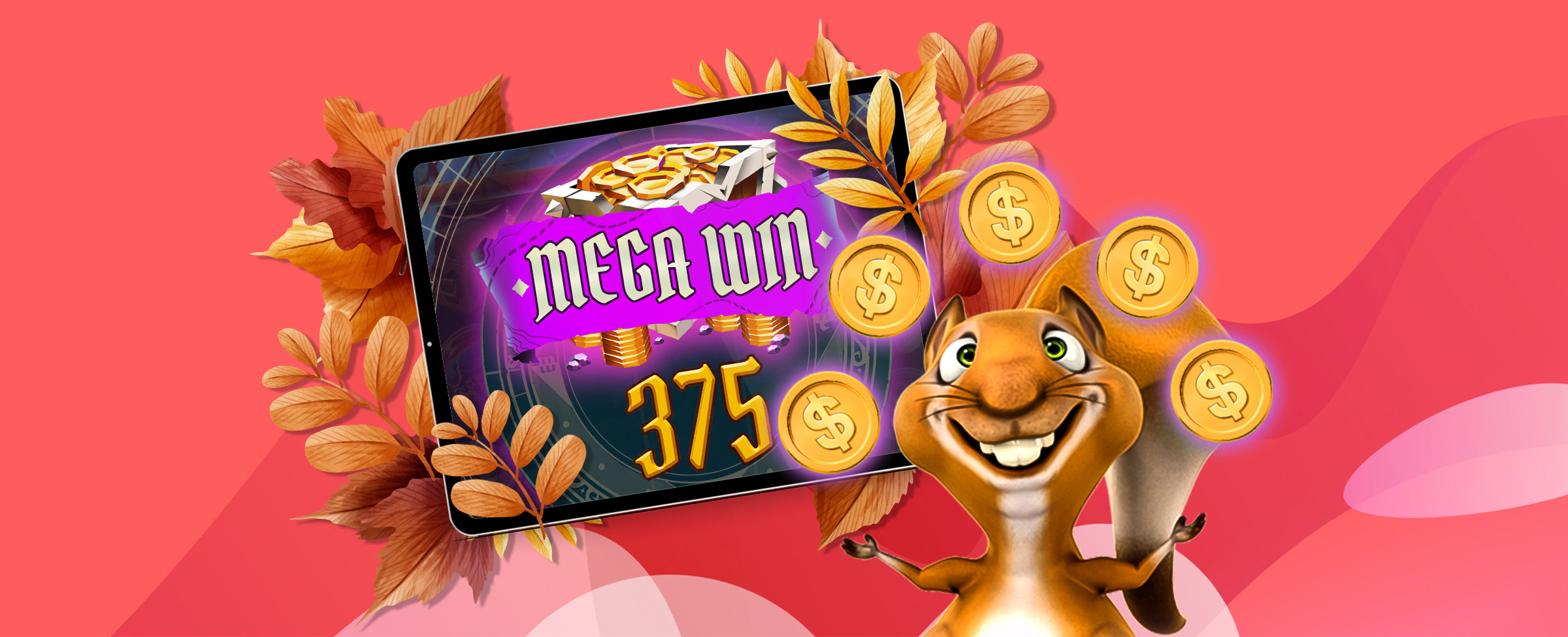 Squirrel character who is collecting coins after playing new online slots at SlotsLV.