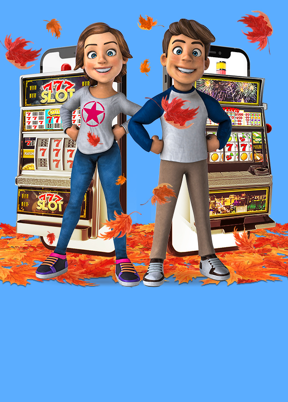 Two characters standing in front of online slots machines with fall leaves falling around them.