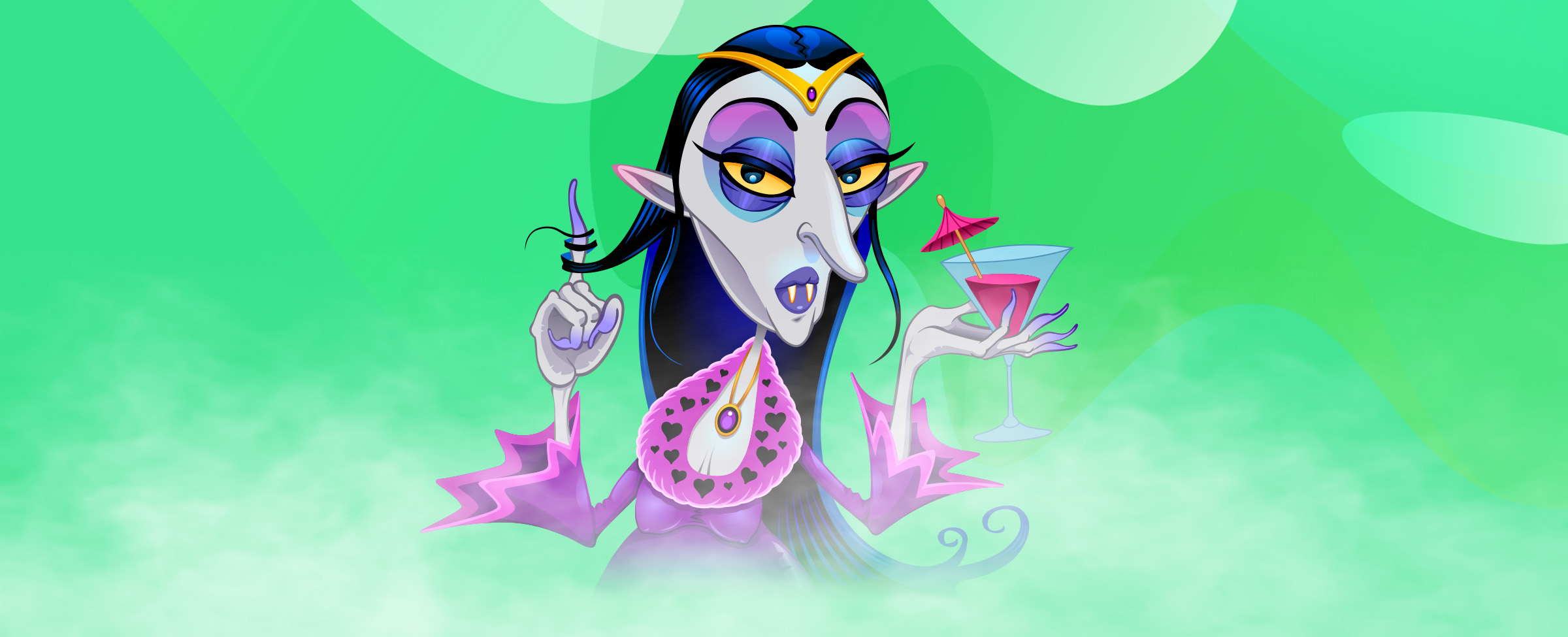A female cartoon character resembling Morticia Addams from the Addams Family holding a cocktail in one hand and twirling her hair with the other