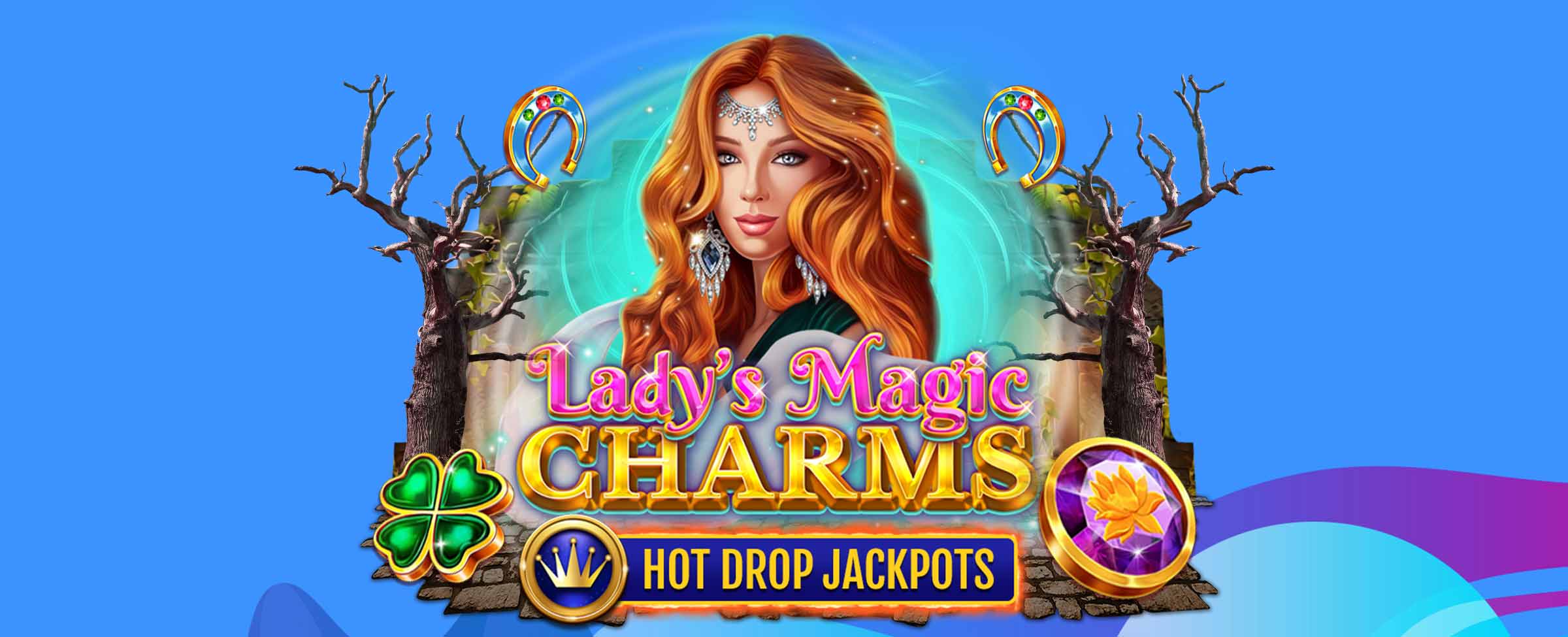 The red haired Lady Magic standing behind the Lady's Magic Charms online slot logo with slots symbols on either side
