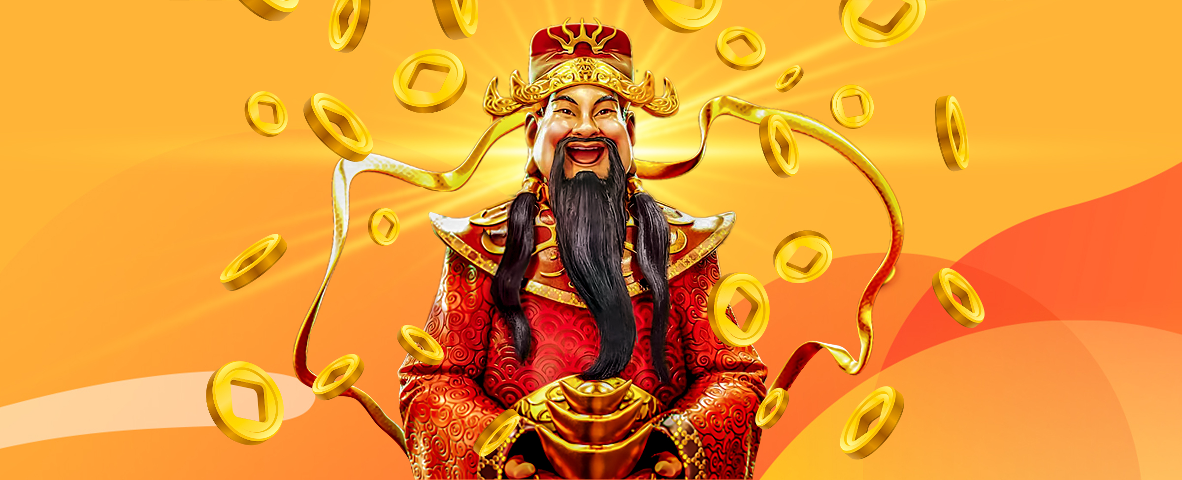 A cartoon character of Caishen from the SlotsLV slot game Caishen’s Fortune XL, cloaked in a red gown with a long beard and mustache surrounded by lucky coins