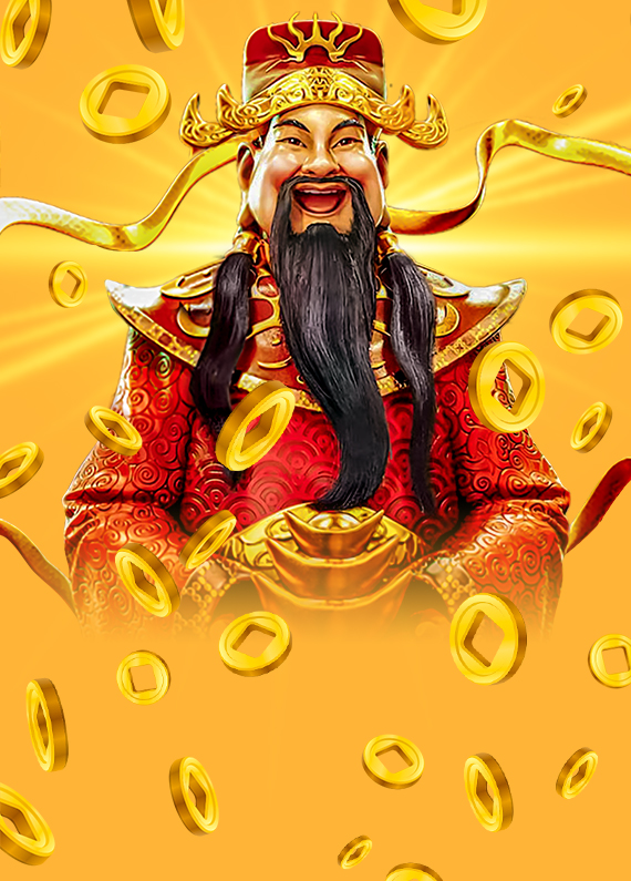 A 3D cartoon render of Caishen from the SlotsLV slot game Caishen’s Fortune, cloaked in a red gown with a long beard and mustache surrounded by lucky coins