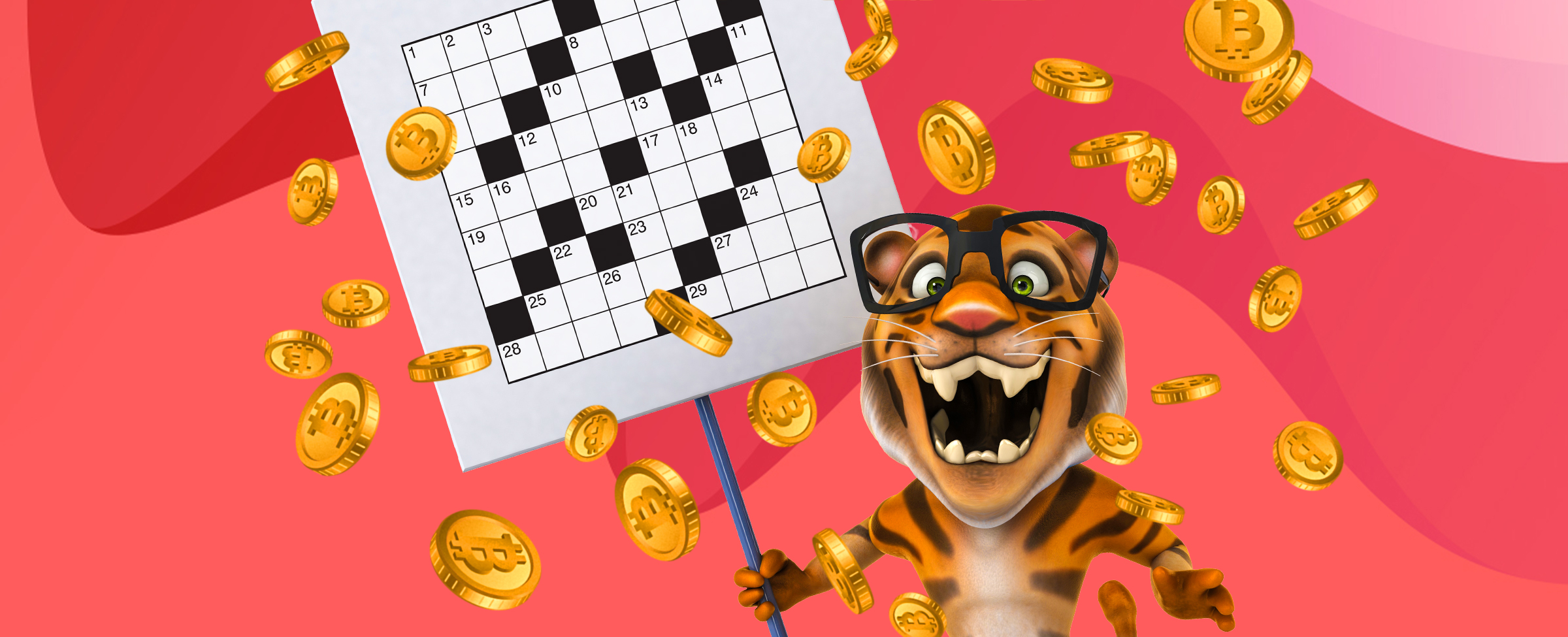 Tiger cartoon character wearing oversized glasses holding up a placard featuring a free crossword puzzle about crypto casinos for SlotsLV and surrounded by floating bitcoins