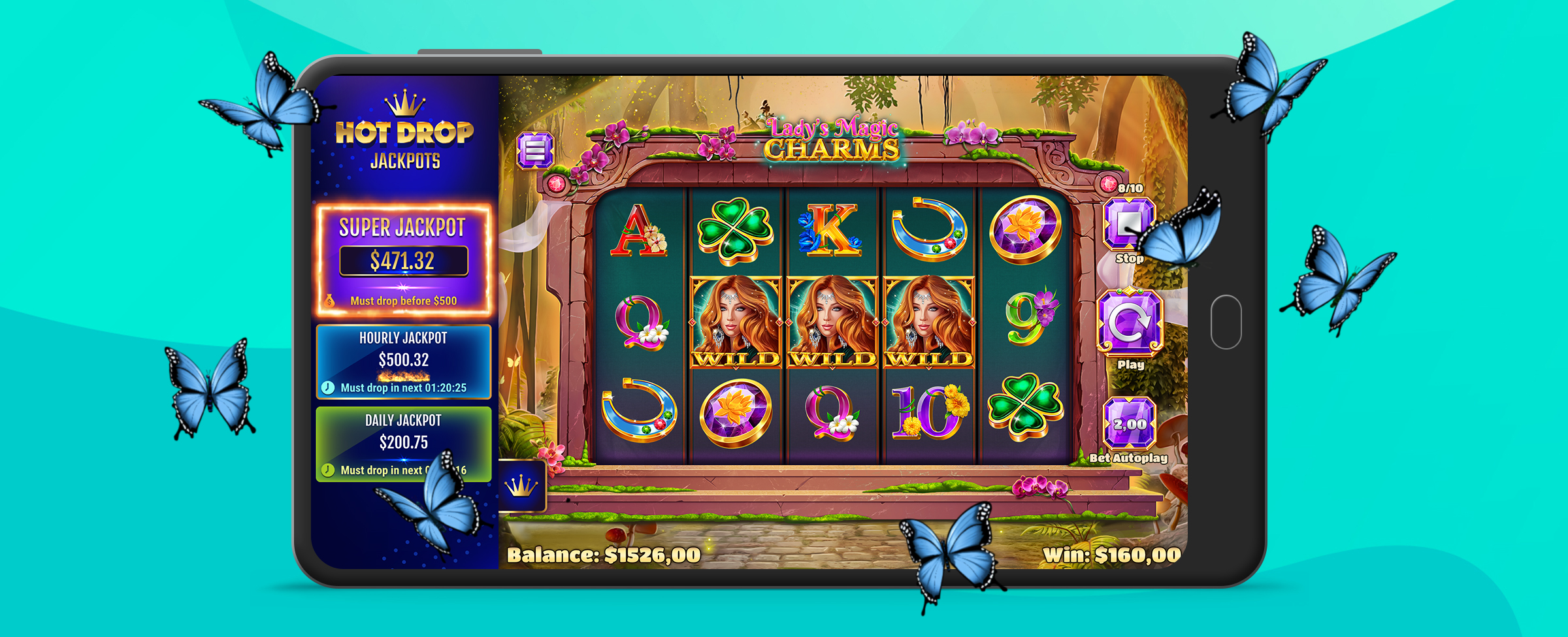 An illustration of a mobile phone showing a screenshot of the SlotsLV slot game Lady’s Magic Charms, featuring the SlotsLV Hot Drop Jackpots on the left of the screen, while butterflies dance around the screen.