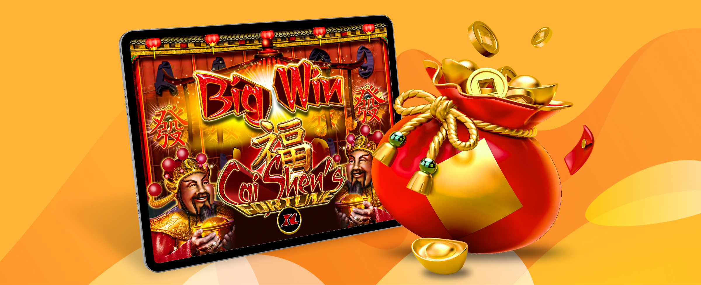 A red and gold 3D gift bag full of lucky coins standing in front of a tablet device with a screenshot from the SlotsLV slot game Caishen’s Fortune