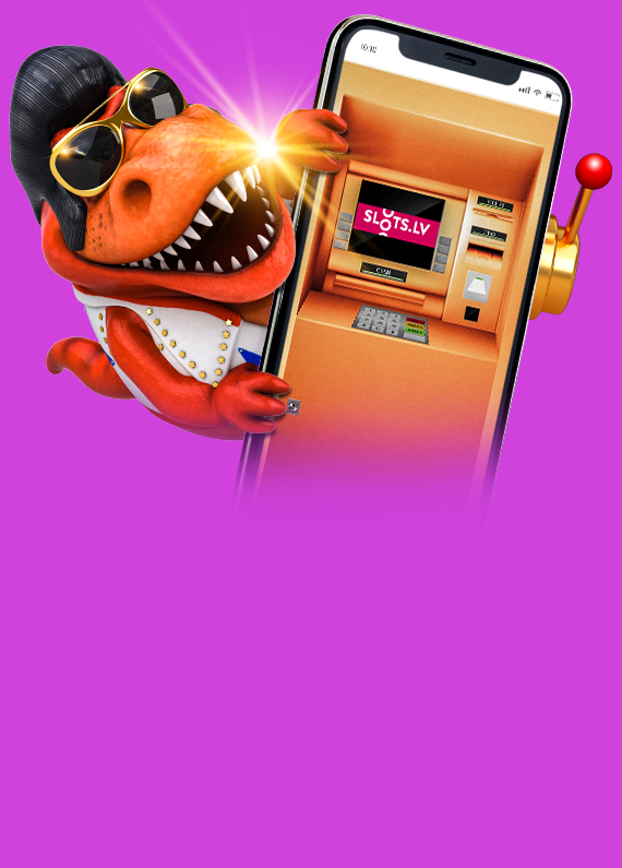 A cartoon character of a dinosaur dressed in an Elvis costume holding an oversized mobile phone showing a slot machine with the SlotsLV logo on the screen