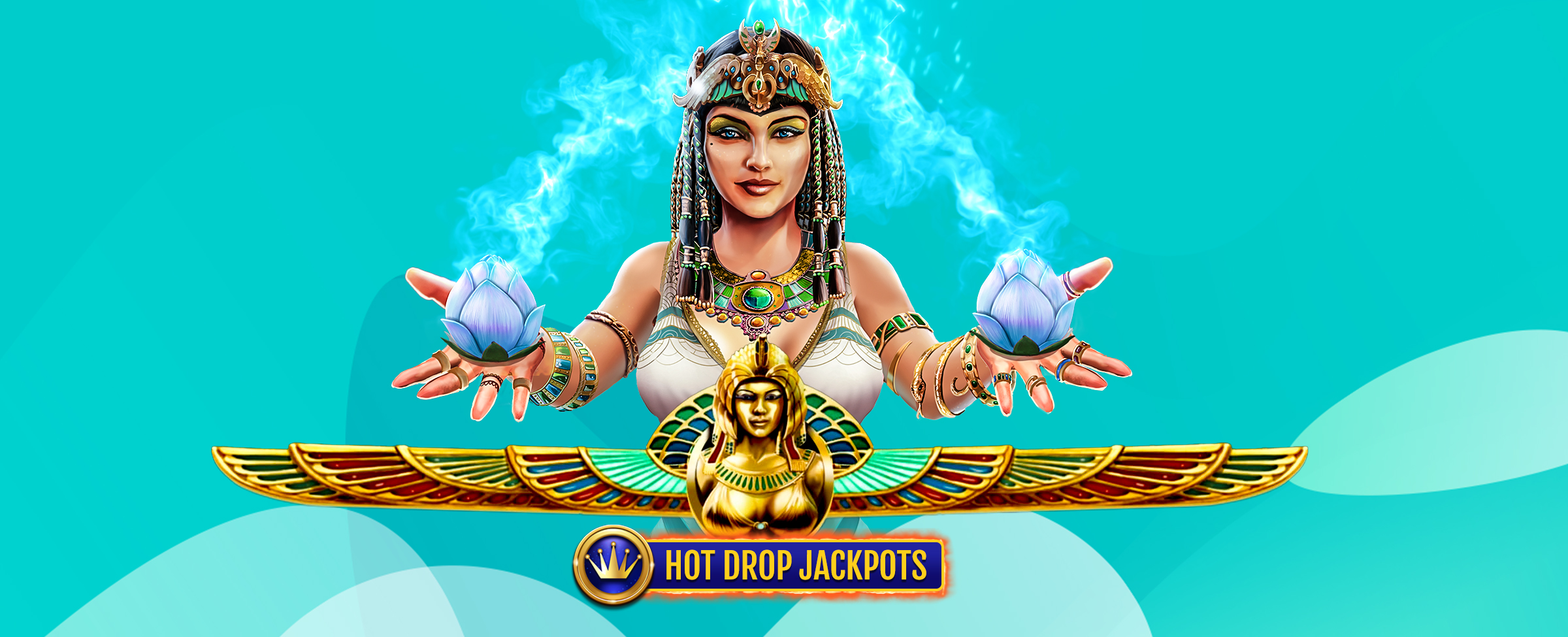 The central cartoon character from the SlotsLV slot game A Night With Cleo Hot Drop Jackpots is featured holding two flowers that are radiating magic, peering above an Egyptian emblem with the SlotsLV Hot Drop Jackpots logo beneath it.