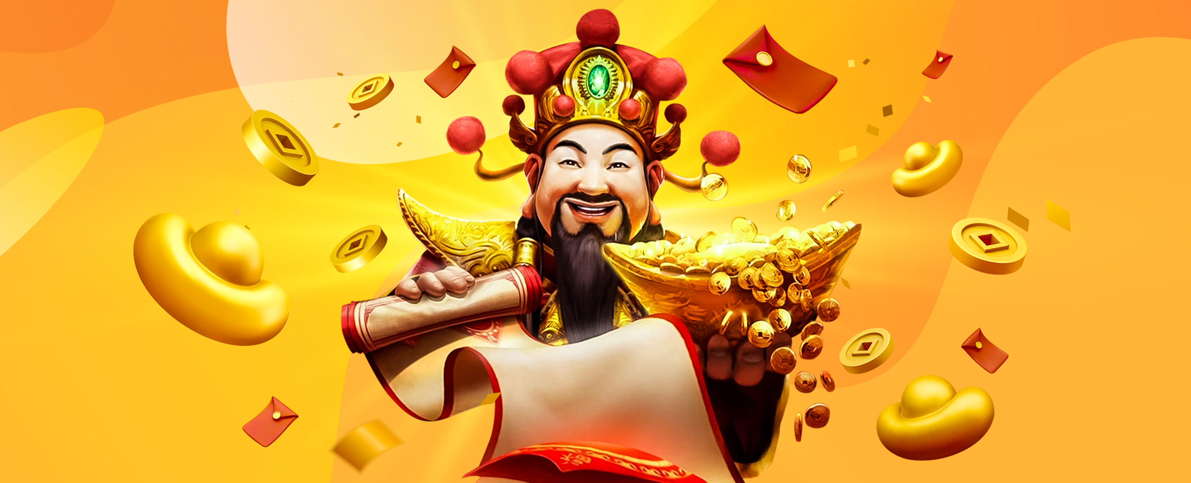 A cartoon character of a Chinese man with a beard and mustache wearing an elaborate hat and holding a scroll in one hand and a golden basket of coins in the other with coins floating around him
