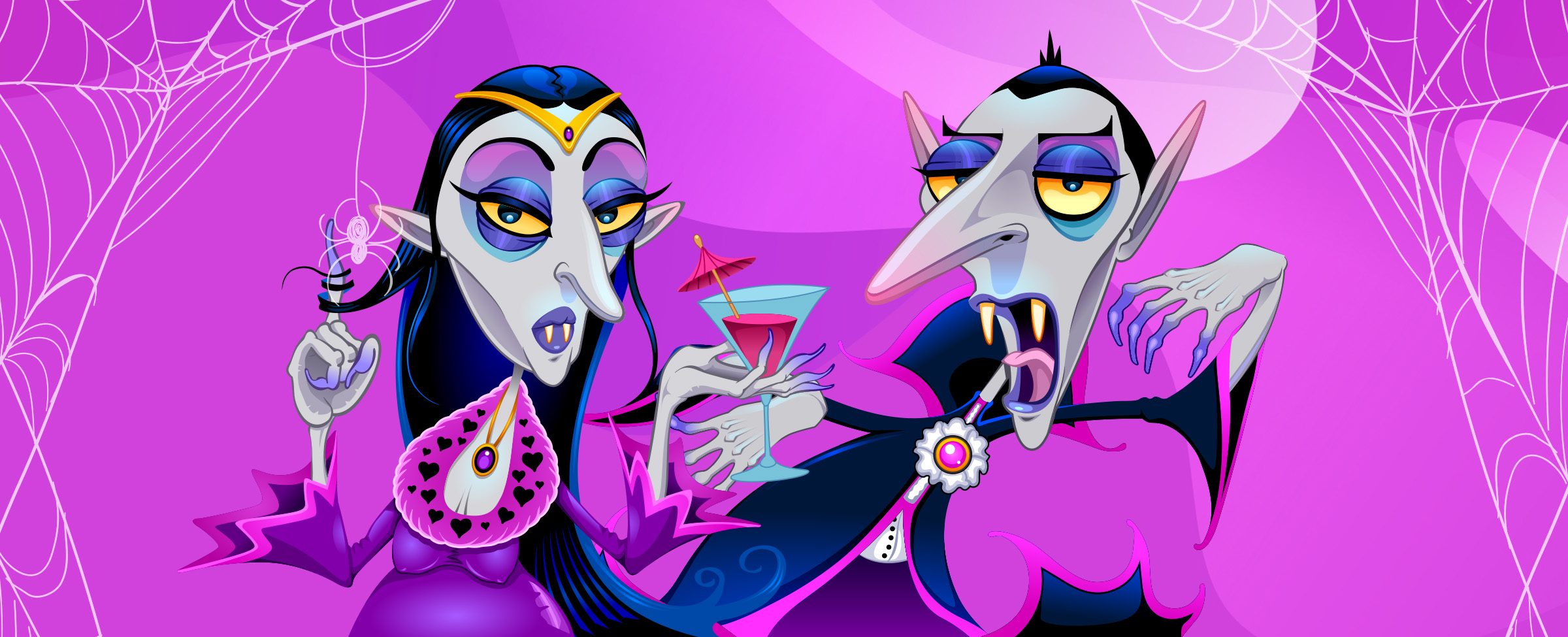 Two blood-thirsty cartoon vampires with one holding a glass of purple blood and one opening its fangs for a bite.