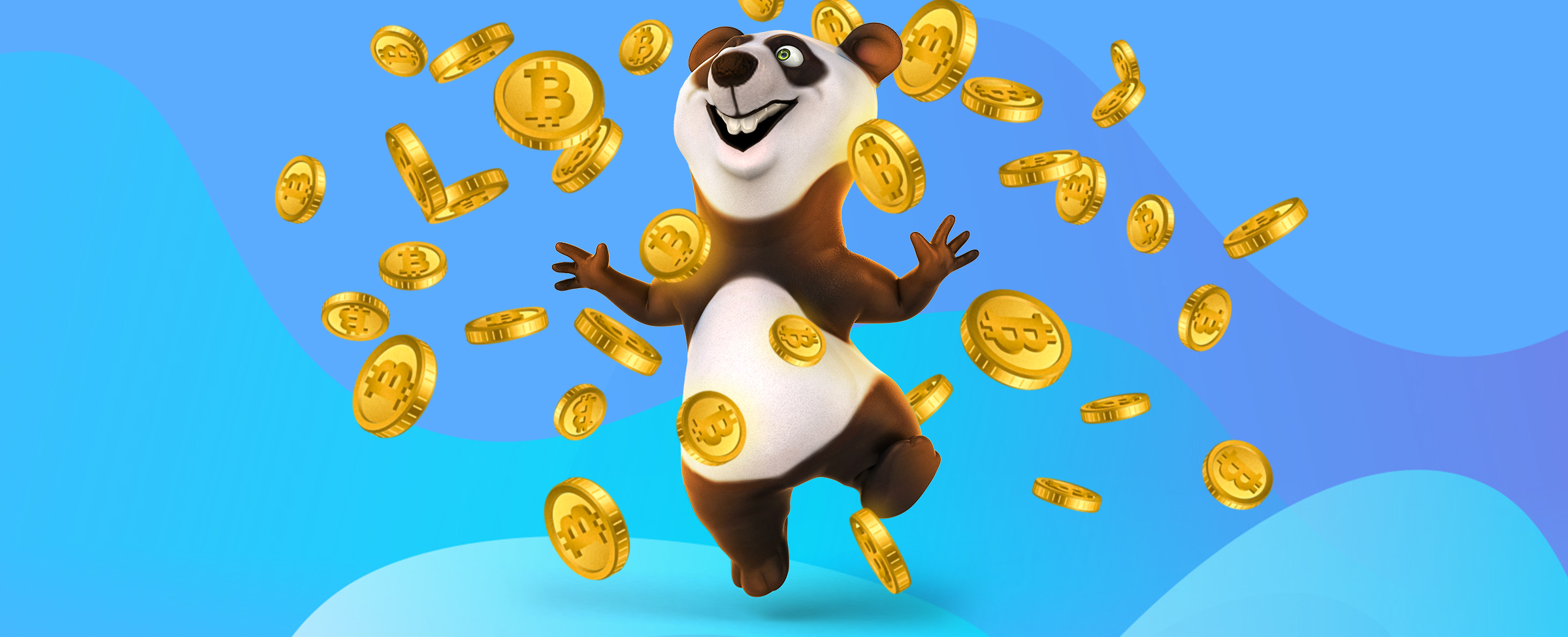 Panda cartoon character gleefully standing amongst falling bitcoins, to explain what crypto is right for you