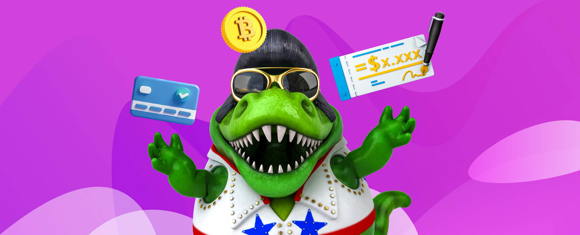 A cartoon character of a crocodile dressed as Elvis, wearing sunglasses and juggling a bitcoin, a crypto wallet and a check with a pen