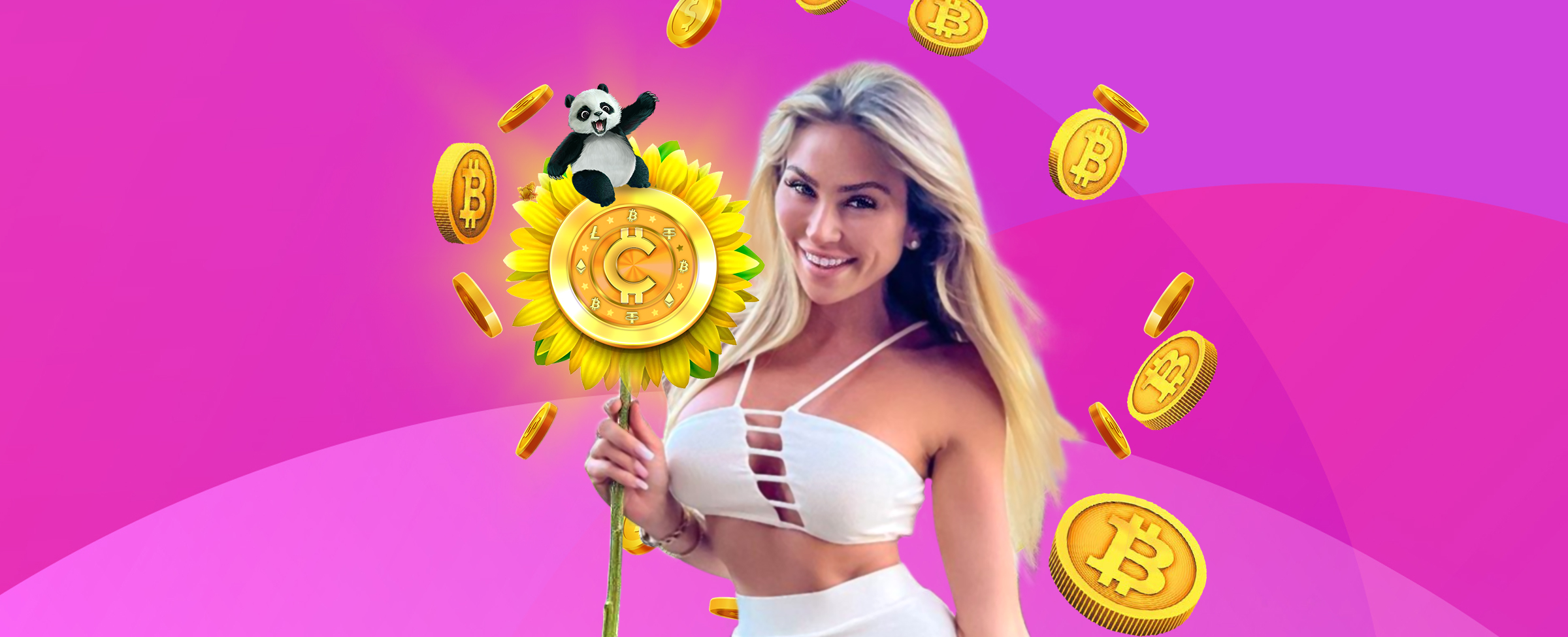 Crypto Queen Khloe Terae stands smiling and holding a sunflower with a crypto casino coin in the center, while the panda from Panda Pursuit slot game sits on top, as Bitcoins float around her